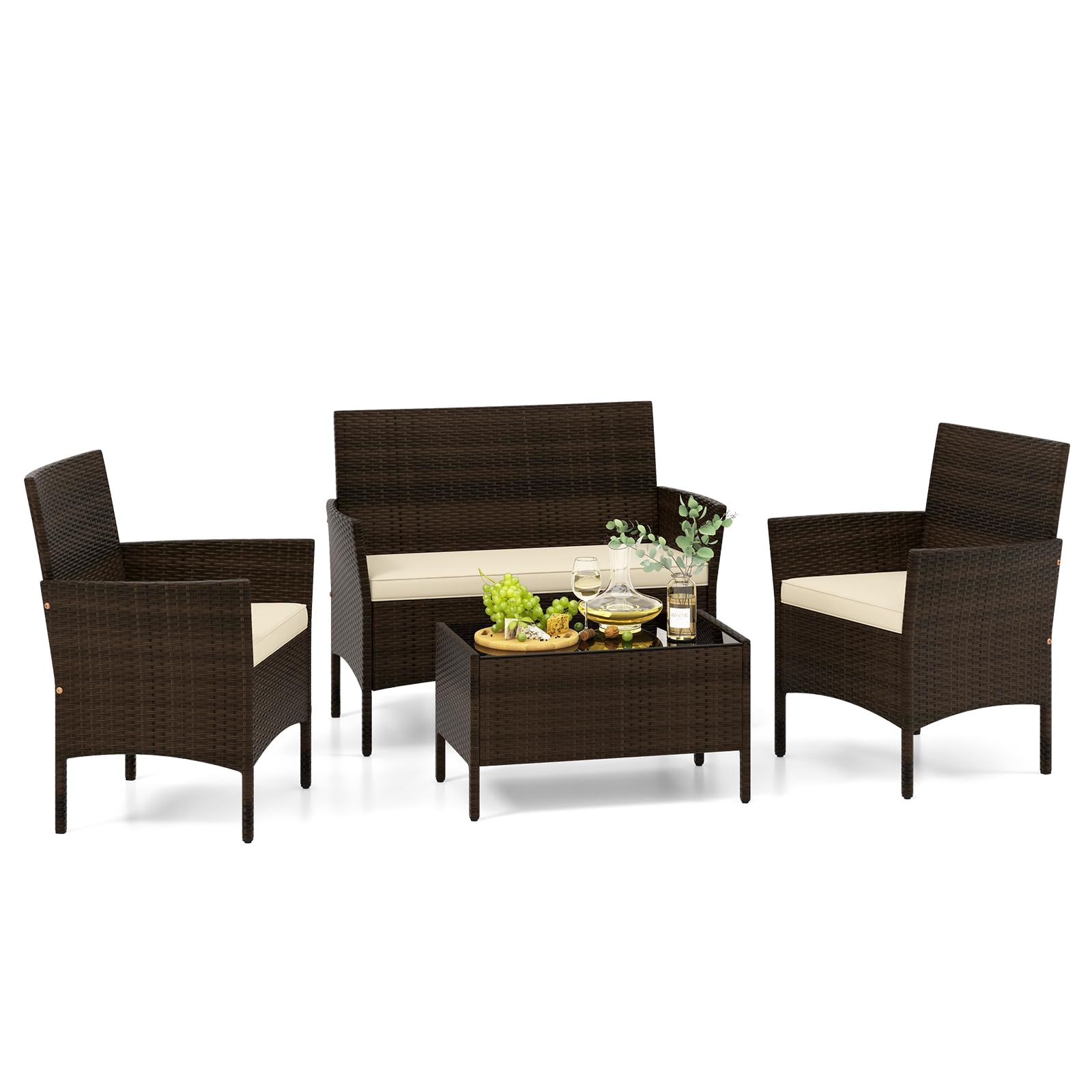 Ensemble de conversation en rotin Tangkula de 4/8 pièces pour patio, ensemble de meubles d'extérieur en osier avec chaise, causeuse et table en verre trempé.